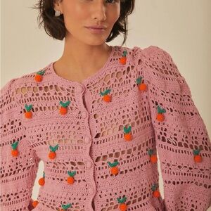FARM Rio Pink Crochet Cardigan with Orange Accents